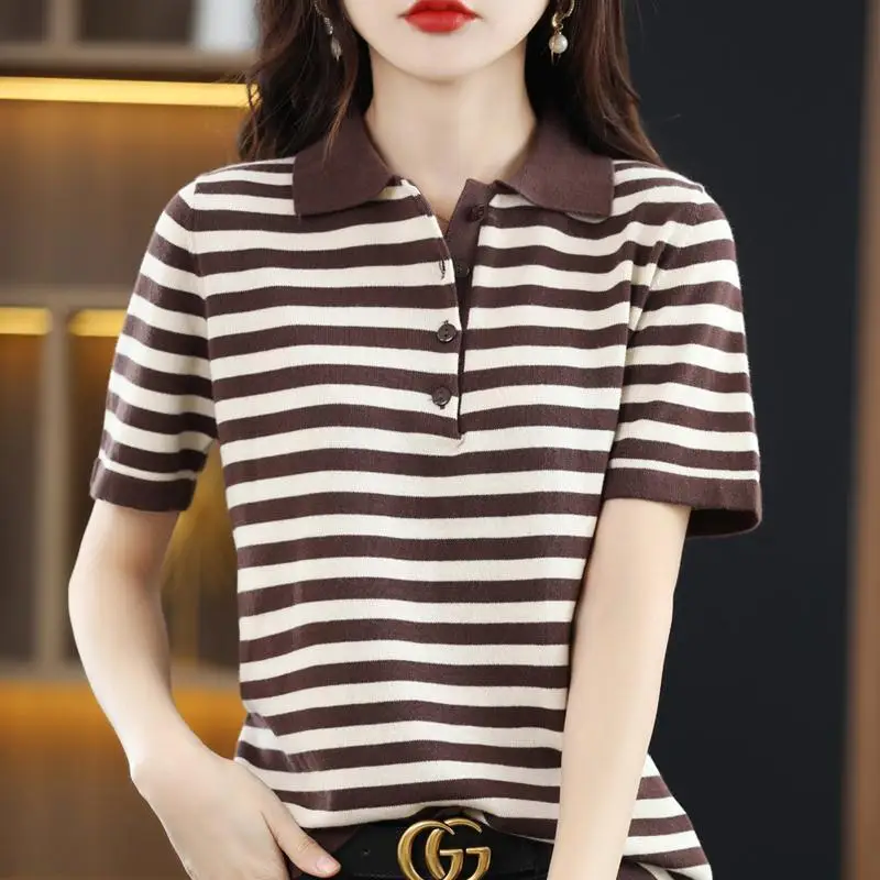 Summer Women Knit Striped T-shirt Koreon Fashion Polo Shirts Short Sleeve Female Clothing Loose All-match Vintage Pullover Tops