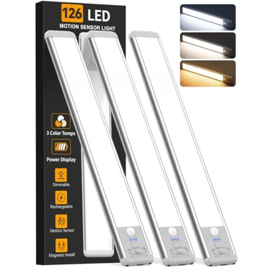 Under Cabinet Lighting Wireless, 15inch Motion Sensor Light Indoor, 3Pack Rechargeable, 3 Color Temps, Dimmable, Power Display,