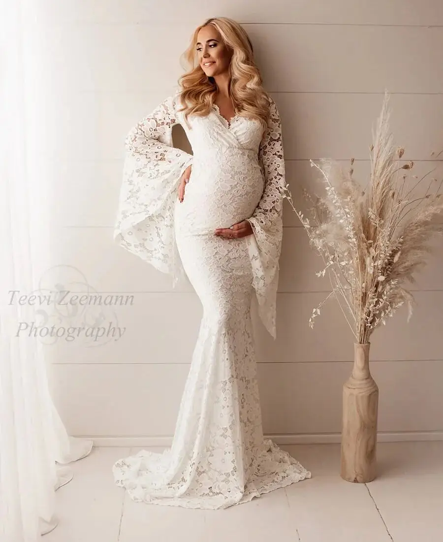 

White Soft Full Lace Evening Dresses for Pregnant Women Long Sleeves Memrmaid Maternity Robes SweEp Train Photography Gowns