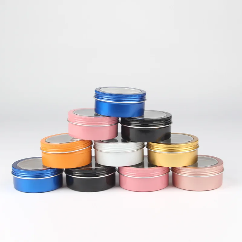 200pcs 2 oz Blue Aluminum Tin Jar 60 ml Refillable Containers Bottle Clear Top Screw Lid Round Tins Cosmetic Container