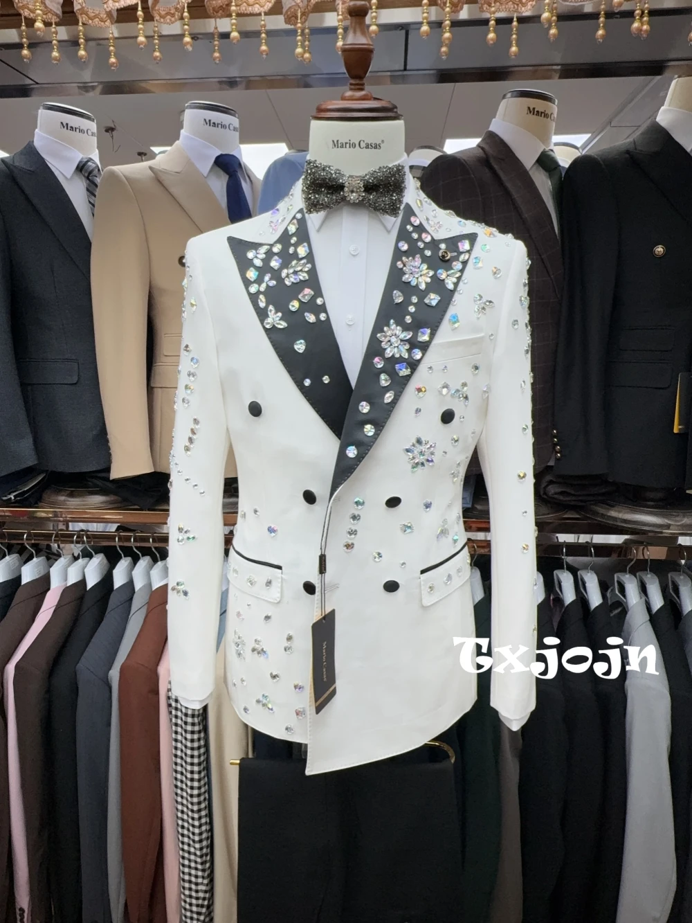 Strass brilhantes smoking masculino 2 peças blazer calças festa de aniversário de casamento baile personalizado duplo breasted terno conjunto para homem