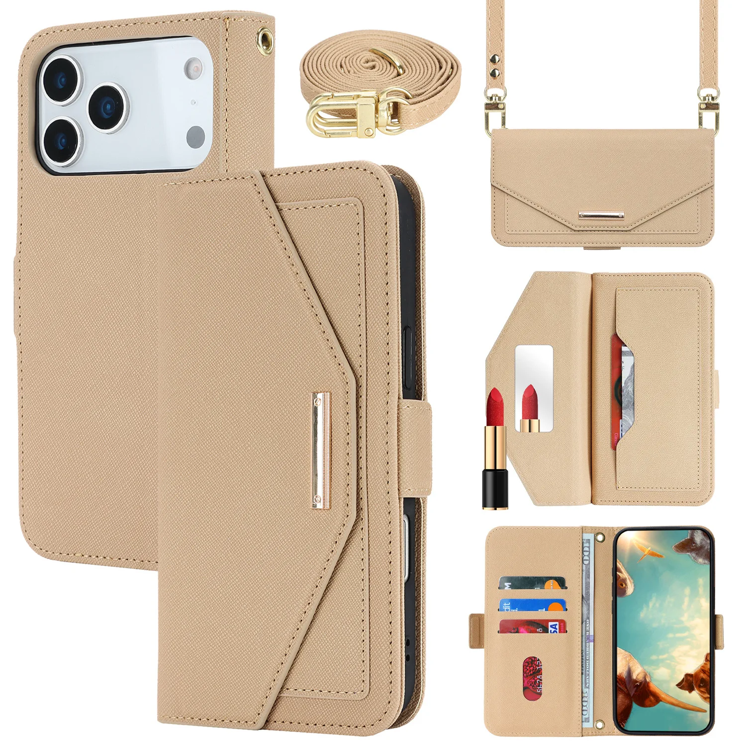 Mirror Wallet Magnetic Leather Phone Case for iPhone 17 Pro Max Air 17E 16 15 14 Pro Max 16 Plus Crossbody Strap Card Bag Cover