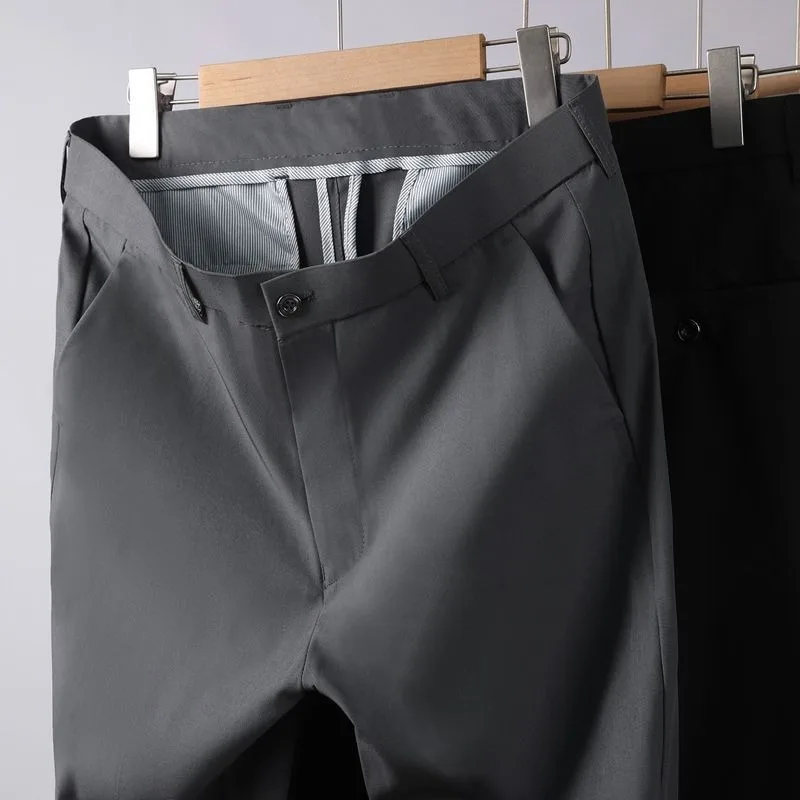 Мужские брюки, эластичные однотонные черные умные повседневные мужские брюки, офисные быстросохнущие брюки, новые весенне-осенние корейские прямые брюки
