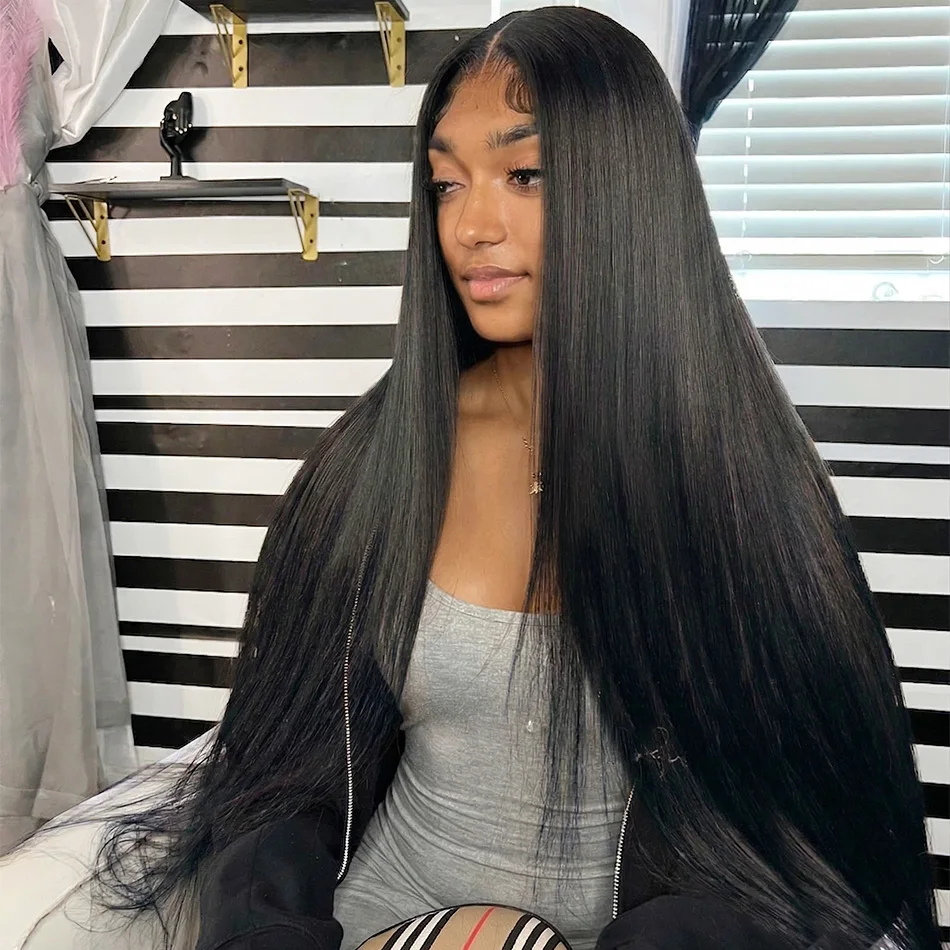 

40 Inch Extra Long 250% Density Natural Black 13x6 HD Lace Frontal Bone Straight Silky Soft 13x4 Remy Human Hair Wig Pre Plucked Hairline Invisible Bleached Knots Wear and Go 5x5 Glueless Closure Bouncy Thick Full Ends