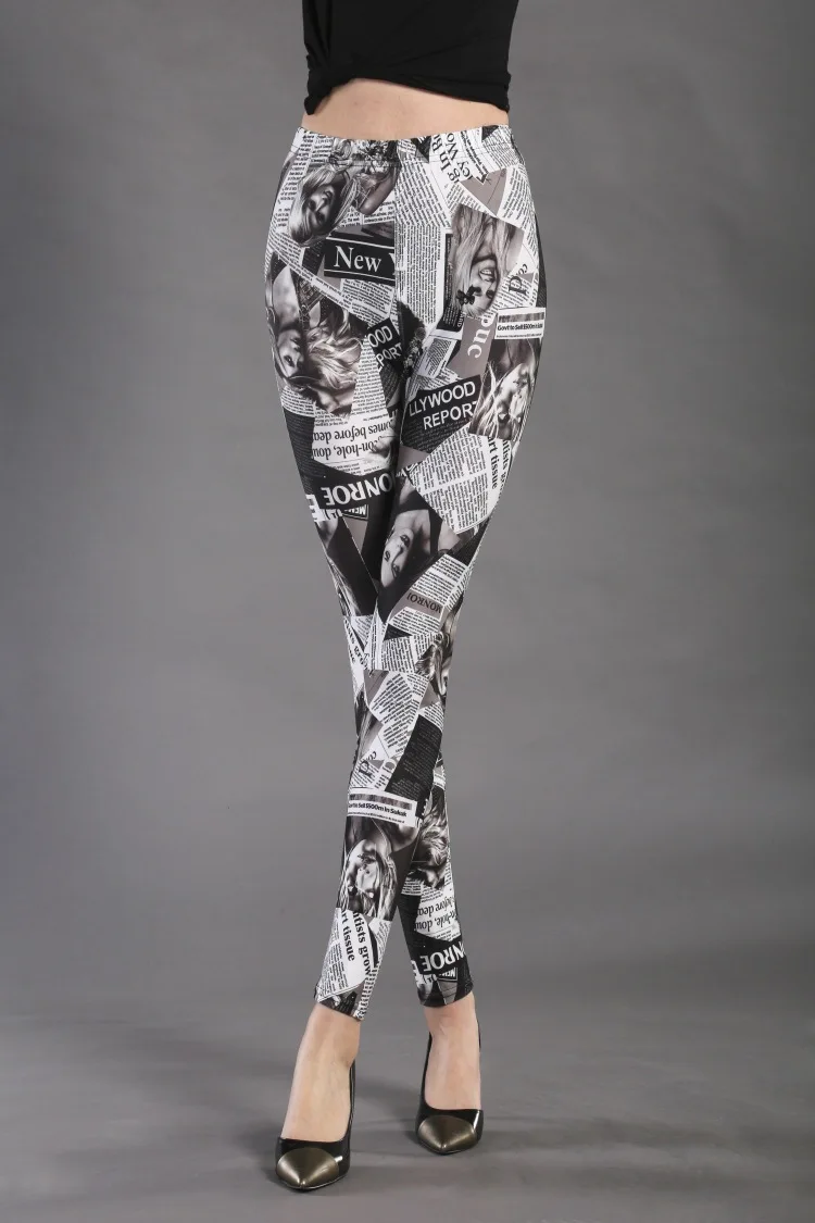 Damenmode, bedruckte Leggings, hoch elastische, schmale, figurbetonte Hosen, Streetwear, Graffiti-Muster, Stern- und Streifenmuster, Oberbekleidung, Hosen. – Detail 1