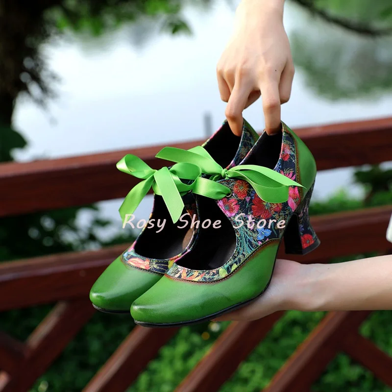 

Spring Colorful Floral Print Patchwork Green Leather Niche Design Single Shoes Fashion Wine Heel Slip On Ribbon Lace Up pumps
