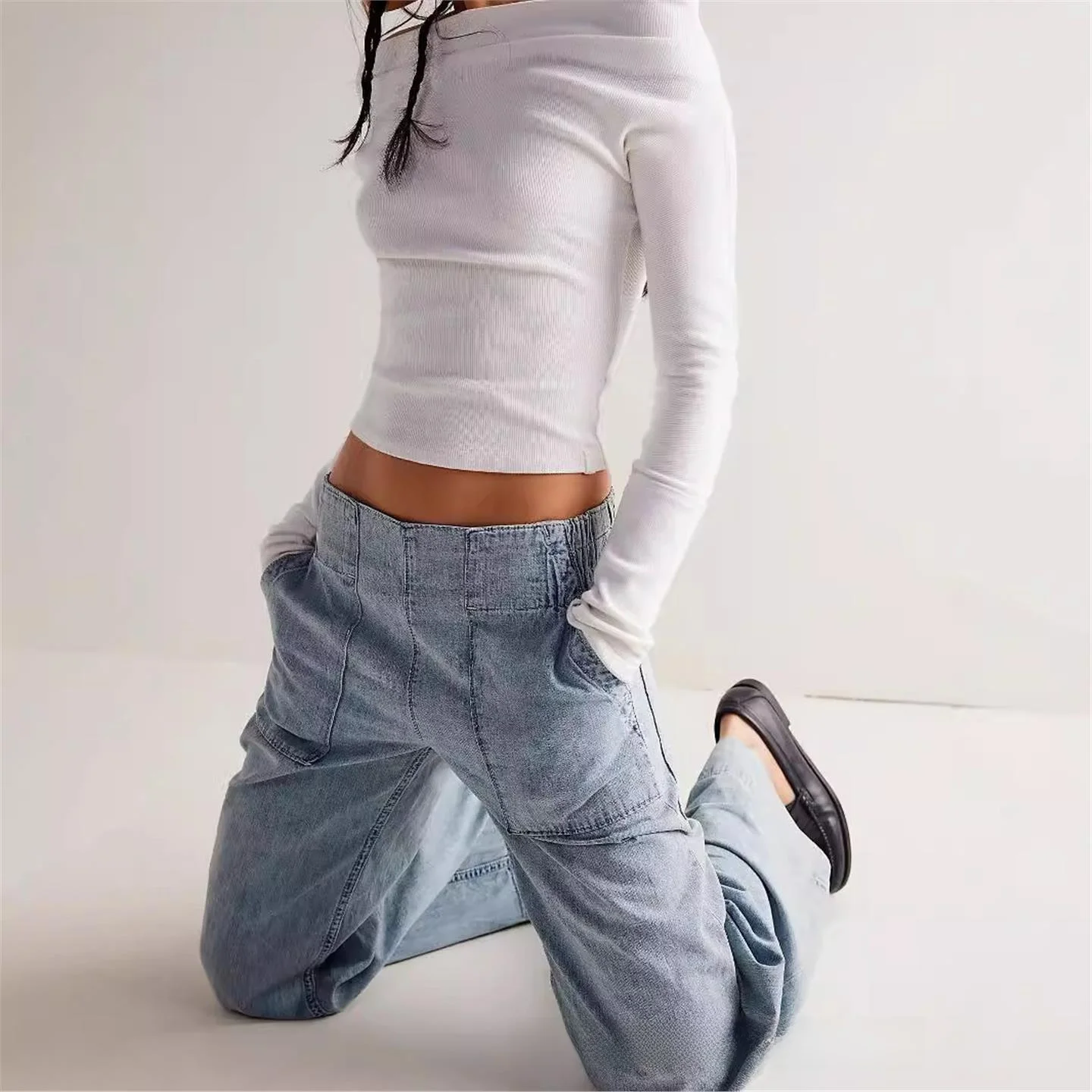جديد 2025 جينز نسائي فضفاض واسع الساق بخصر مطاطي بنطال Faion غير رسمي متوسط الخصر من قماش الدنيم للسيدات #2