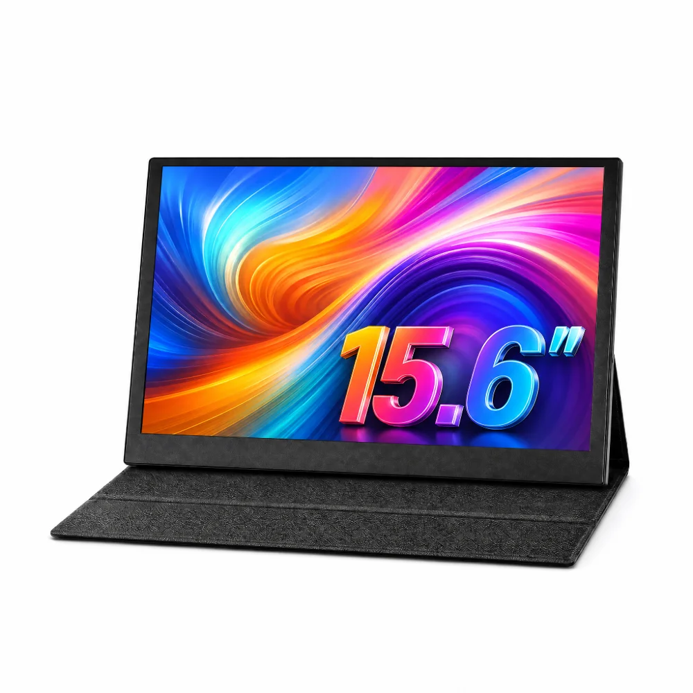 ViewMont 15.6inch Portable Monitor with Leather Case FHD 1080P 100%RGB USB C Extend Monitor For Cell Phone Laptop Xbox NS PS5