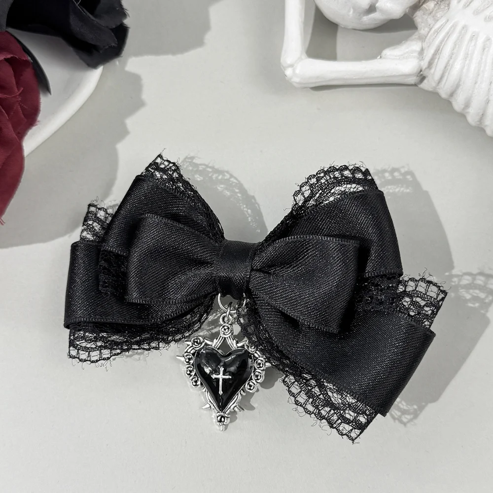 

Webbing Gothic Lolita Hair Clip Black Lace Bow Heart Pendant Cross Hair Clip Cross Pendant Sweet Cool Girls Hair Clip