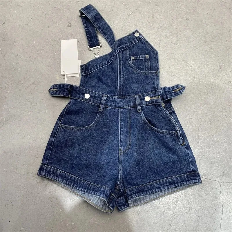 Summer New Korean Style Women's Denim Overalls Shorts Loose High Waist Wide Leg Jeans Retro Washed Straight Cut Cotton Denim
