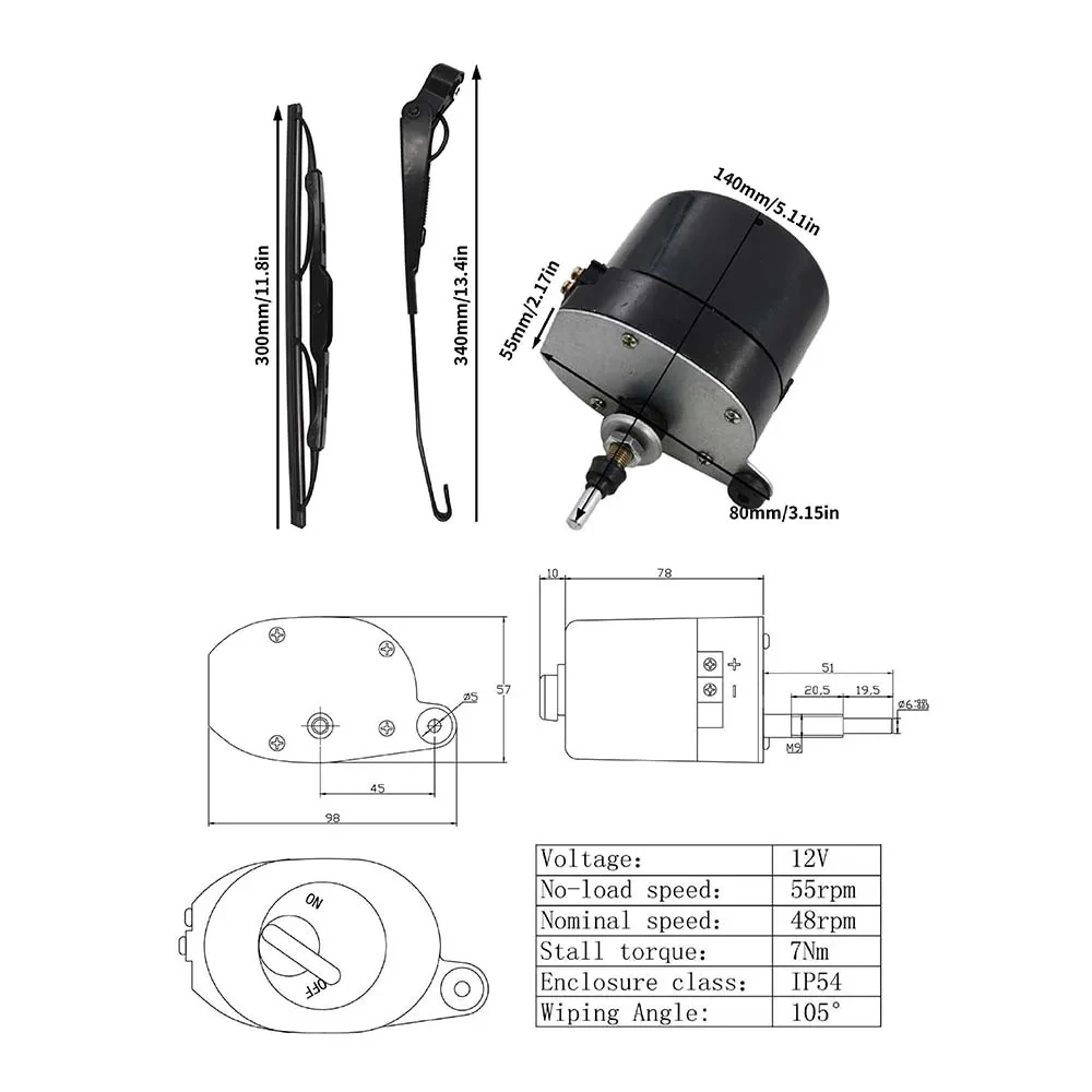 12V universal windshield wiper motor with arm and blade 01287358 7731000001 0390506510 Suitable for fishing boat caravan