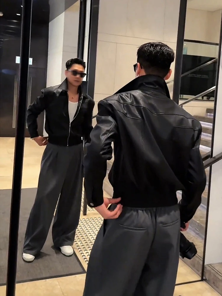 

High-End American Motorcycle Riding Jaet ort Leather Coat Men's Sli Stand Collar Outerwear CleanFit Stand Autumn