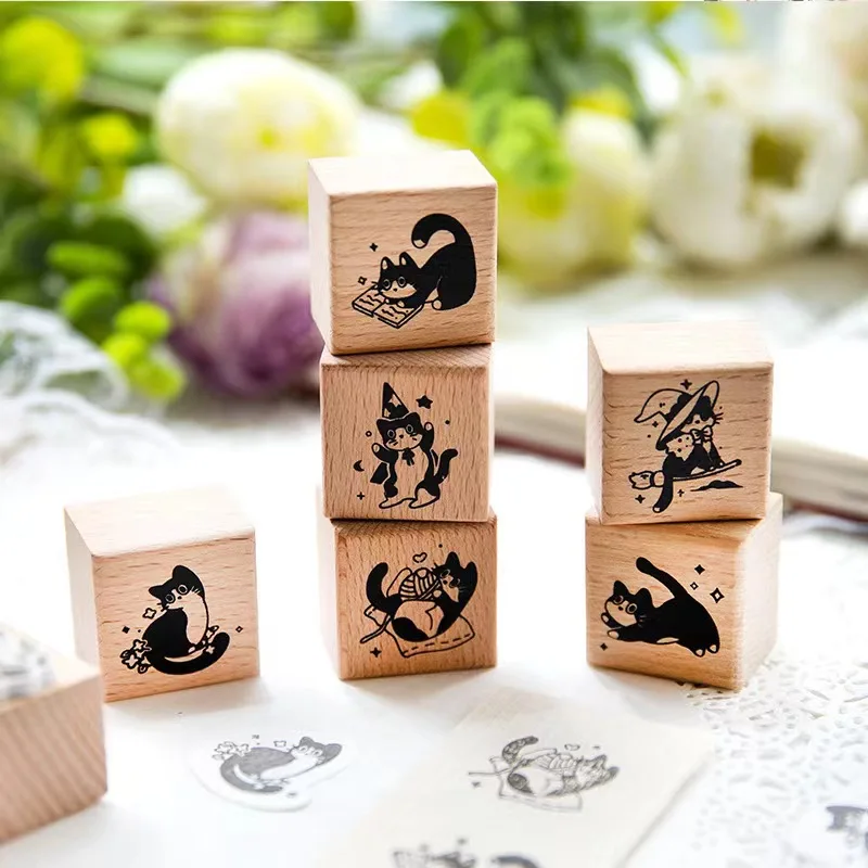 Retro Cat Series Twilight Seal Cat-themed Solid Wood Hand Book Decoration DIY Printing 6 rodzajów