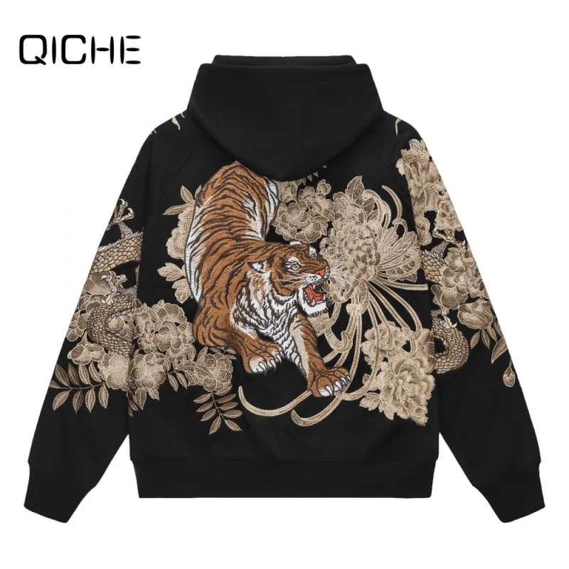 QICHE Chinese Style Hooded Cardigan Sweatshirt Dragon And Tiger Embroidery Long Sleeve Casual Outer Top For Men