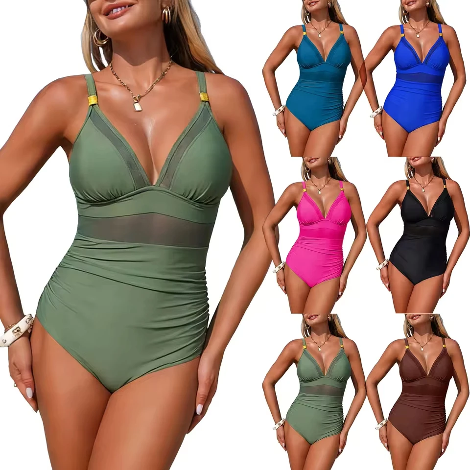 Women 1 Piece Swimsuit Lady Girls Color Block Print Bathing Suits Athletic Swimwear Costume Padded Cut Out Sexy Swimsuit