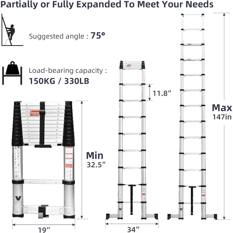 Tangga Telescoping 12,5 kaki, tangga langkah ekstensi, traksi satu tombol, desain tangga lambat turun aluminium dapat dilipat