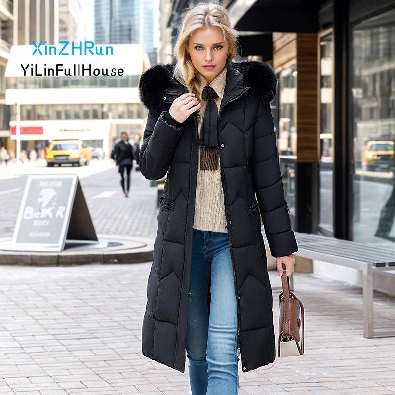 Winter women's fashionable stand up collar buckle decoration embroidered hooded coat waist over knee thick fur collar long coats