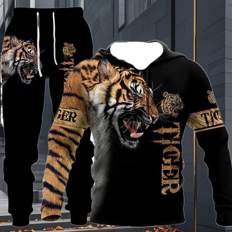 

2025/26 Latest Trendy Men's Street Animal Tiger Wolf Hoodie Set Autumn/Winter 3D Printed Adult Trendy Men's Casual Top Pants