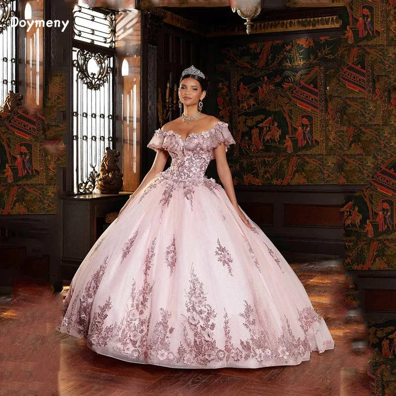 فستان Quinceanera مزخرف بالزهور ، تنحني الكتفين ، طول الأرضية ، فساتين حفلة موسيقية للفتيات ، 15 فستان حفلة كرة