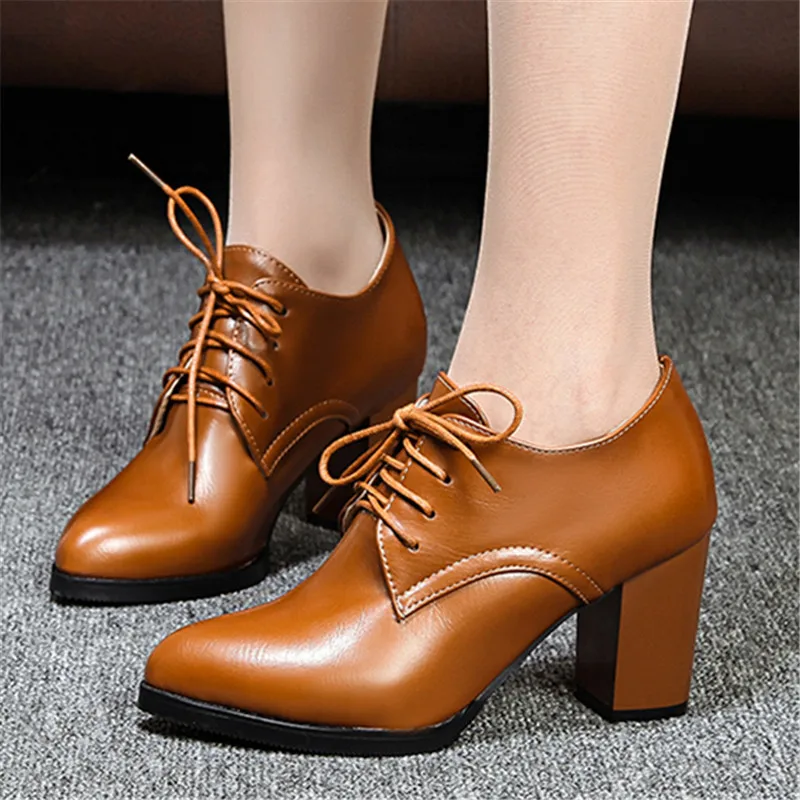 Women\'s Pump Shallow Brogue Shoes Vintage Chunky Heel Oxford Lace-Up Fashion Elegant Ladies High Heels Beige Black Brown Red