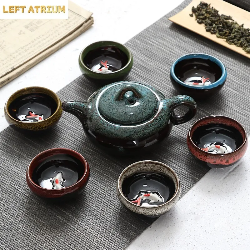Kiln Turned Ice Cracked Fish Cup Kung Fu Ceramics 1 Teapot 6 Teacups