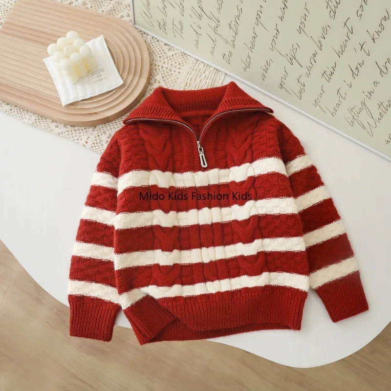Children's Sweater  Collection Korean-Style Striped Children's Sweater Jacket Girls' Knitted Cardigan Zip-Front Design Top