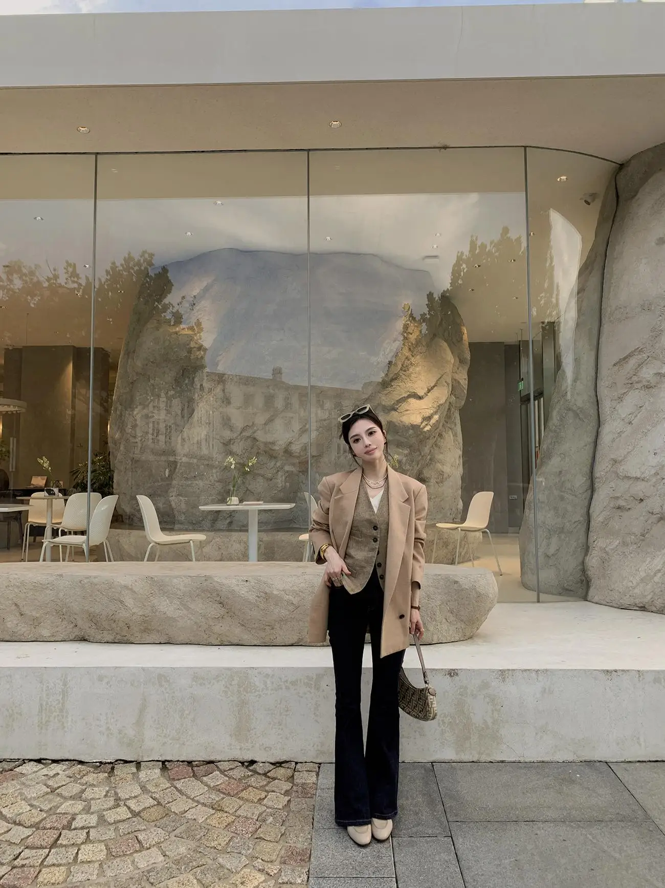 

Camel Velvet Silk f Prince of Ws Che Tweed Lapel Faionable Women's Suit Jaet Commute Sle Loose Fit Lo...