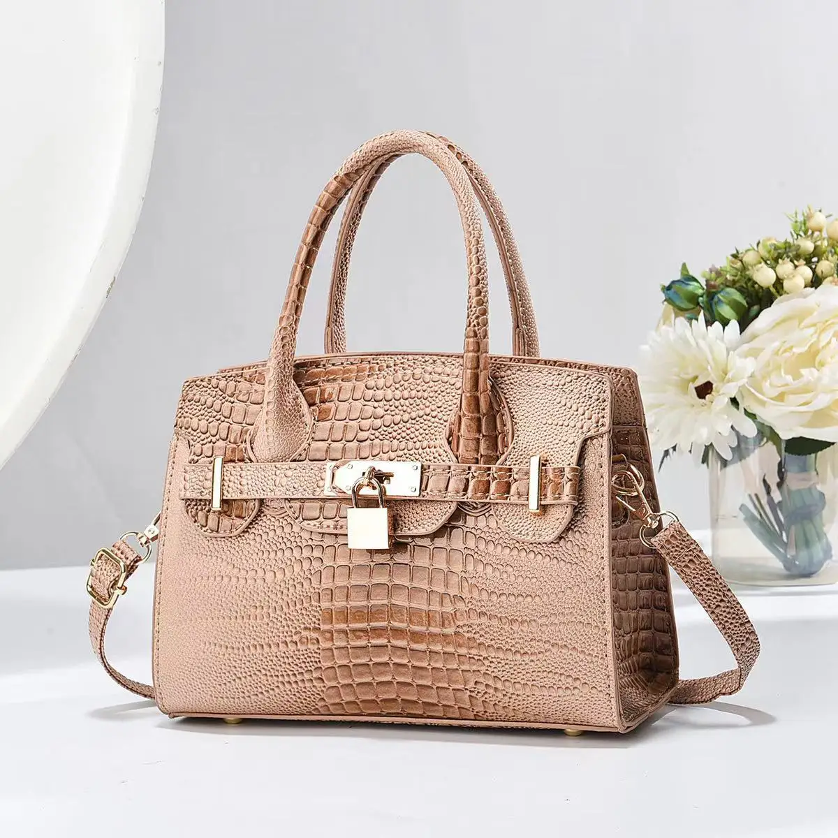 New minimalist stone patterned women\'s large capacity handbag, crocodile pattern single shoulder crossbody gold tote bag bolsa