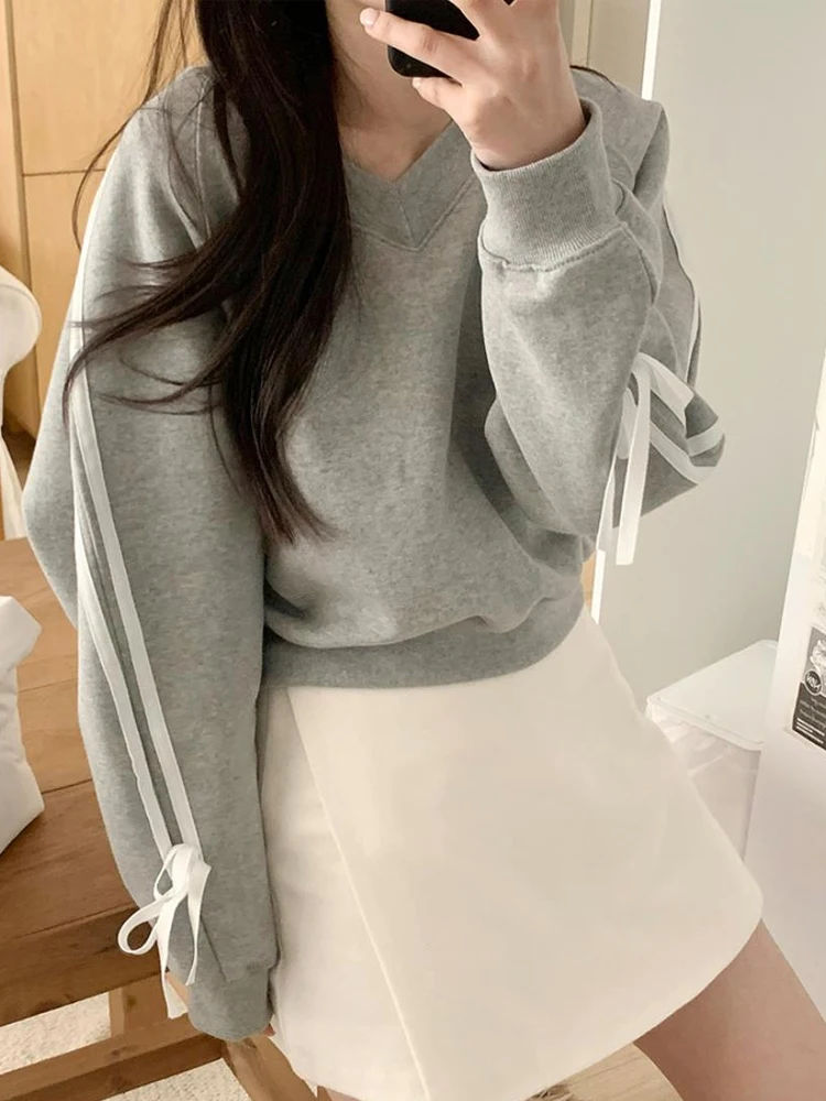 

Anti-Aging V-Ne Hoodie Women's Korean Sle Spring Outerwear Loose Long Sve ort Bundle Top with Bow-Tie Sweatirt