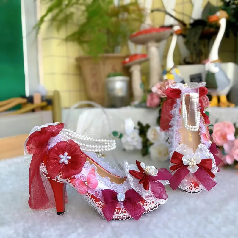 Original Handmade Lolita รองเท้ารองเท้าแต่งงานเจ้าสาว Gorgeous สตรีปั๊มสีชมพูรอบหัวรองเท้าส้นสูง Loli Tea Party รองเท้าส้นสูงสีชมพู