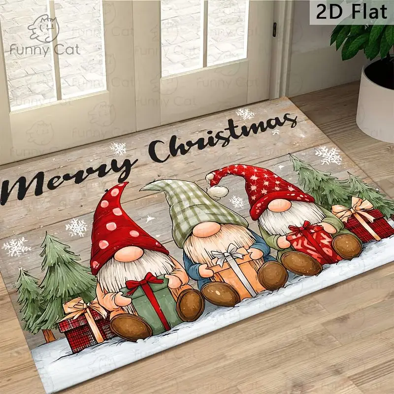 VIKAMA Light Wood Christmas Gnome Entry Rug Red Gift Bag Snowflake Merry Christmas Holiday Door Mat for Front Door Winter Decor