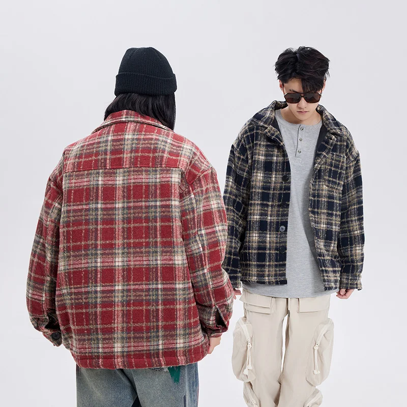 Thickened Shirt Jacket Retro Plaid Open Cardigan Men's Casual Trendy Brand Winter Warm Long Sleeve Button up Youth Fashion