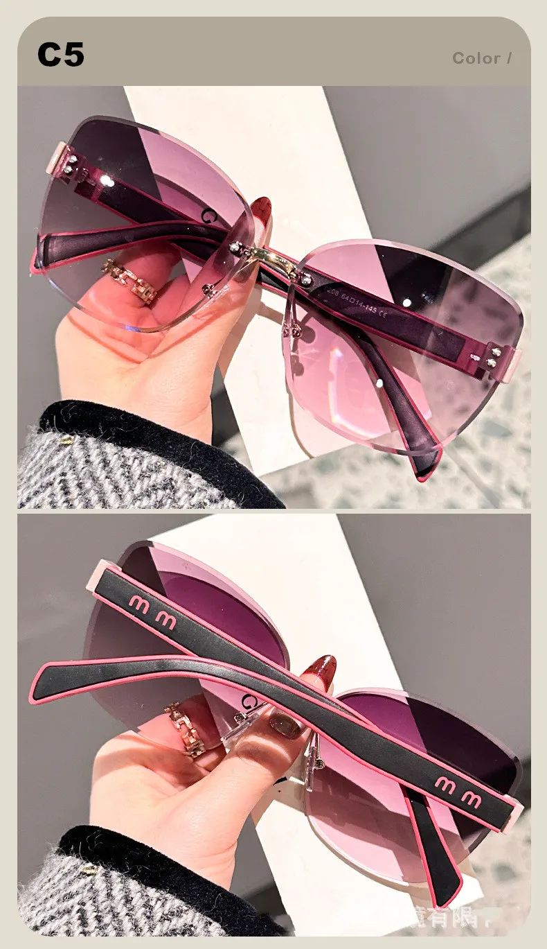 Cat-Eye-Mode-Sonnenbrille mit großem Rahmen, 2025, neuer UV-Schutz, rahmenlos, für Damen, Kantenschneiden, DS-8208 – Detail 11
