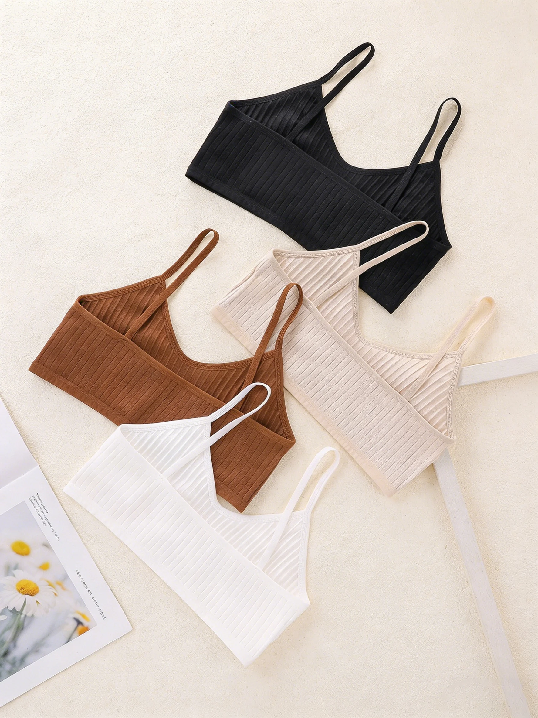 Girls' Simple, Fashionable, Casual, Solid Color, Multi-Color Combination Four-Piece Set of Solid Color Bra Vests