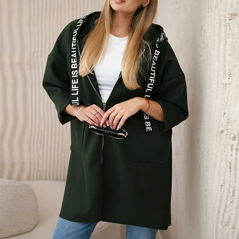 

Casual Long Seeve Winter Hooded Jacket Autumn Elegant Letter Splicing Loose Outercoat Women Fashion Zip Woolen Pocket Solid Coat