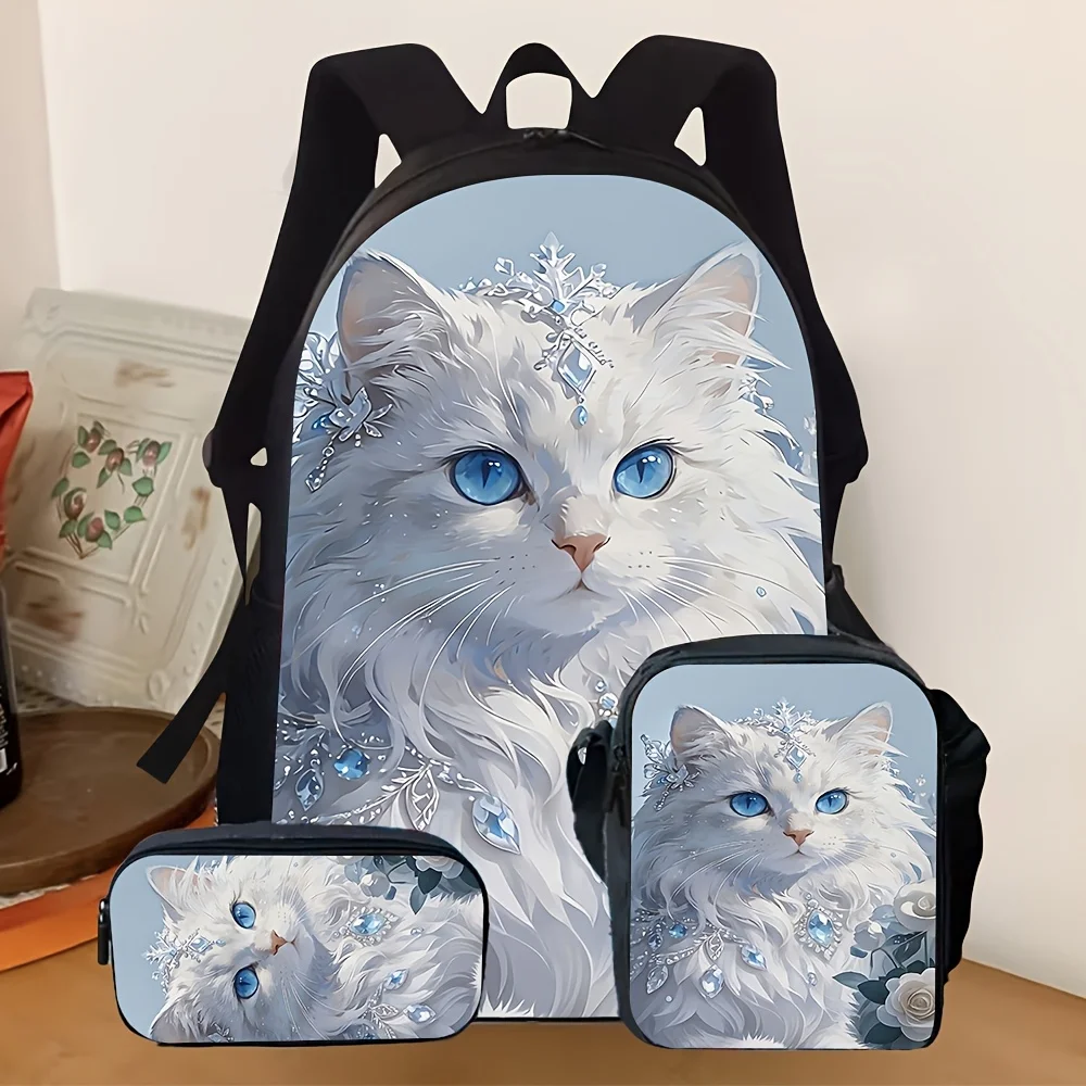 

3pcs [2D Flat] Backpack Set, Adorable White Cat Design School Backpack with Pencil Case & Crossbody Bag, Trendy Bookbag Collecti