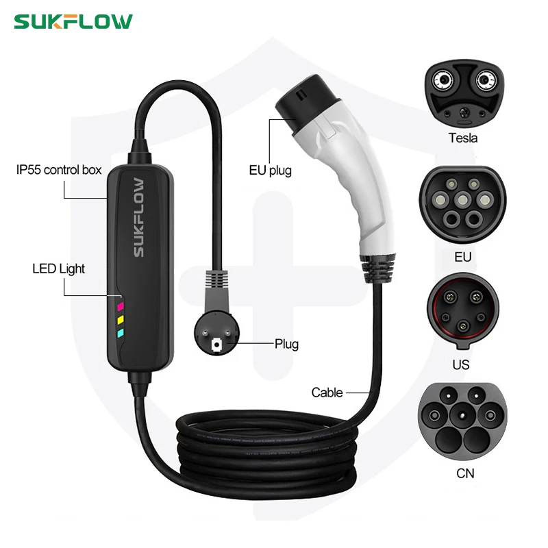 Sukflow Type 2 16A 3.5KW Standard European Plug Electric Vehicle Portable Charger for Home Electric Vehicle Charging