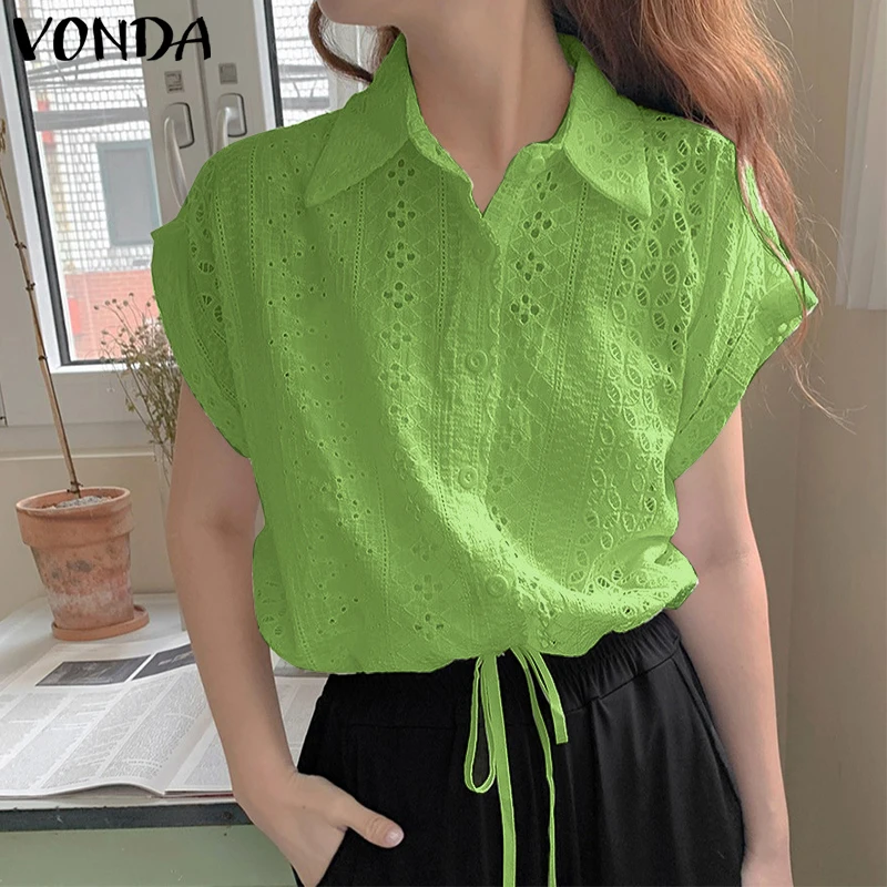VONDA ファッション ホワイトシャツ 2025 夏 レディース ブラウス 襟付き 半袖 レース エレガント オフィスレディー トップス カジュアル ルーズ ブラウス 女性用