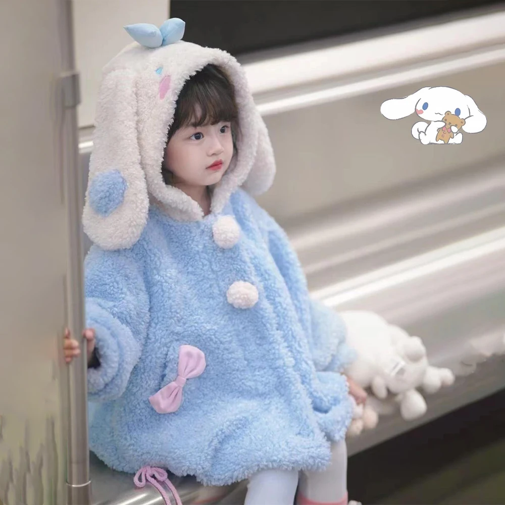 Cinnamoroll Children's Plush Loose Coat Hello Kitty Kuromi Anime Kawaii Sanrio Girl Cartoon Lamb Wool Warm Hooded Jacket Gifts