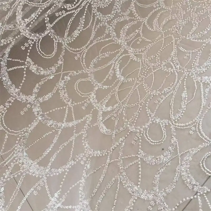 Perlen-Pailletten-Kronen-Gitter-Spitzenstoff, hochwertig, luxuriöses Abendkleid, französische Spitzenstoffe zum Nähen, Meterware – Detail 4