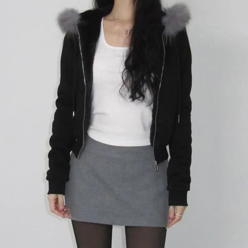 Fairy Fur Hoodie Sweatshirts Winter Vintage Grunge All Match Women's Coats Double Zippers Casual Hoodies Y2k Aesthetic Femme