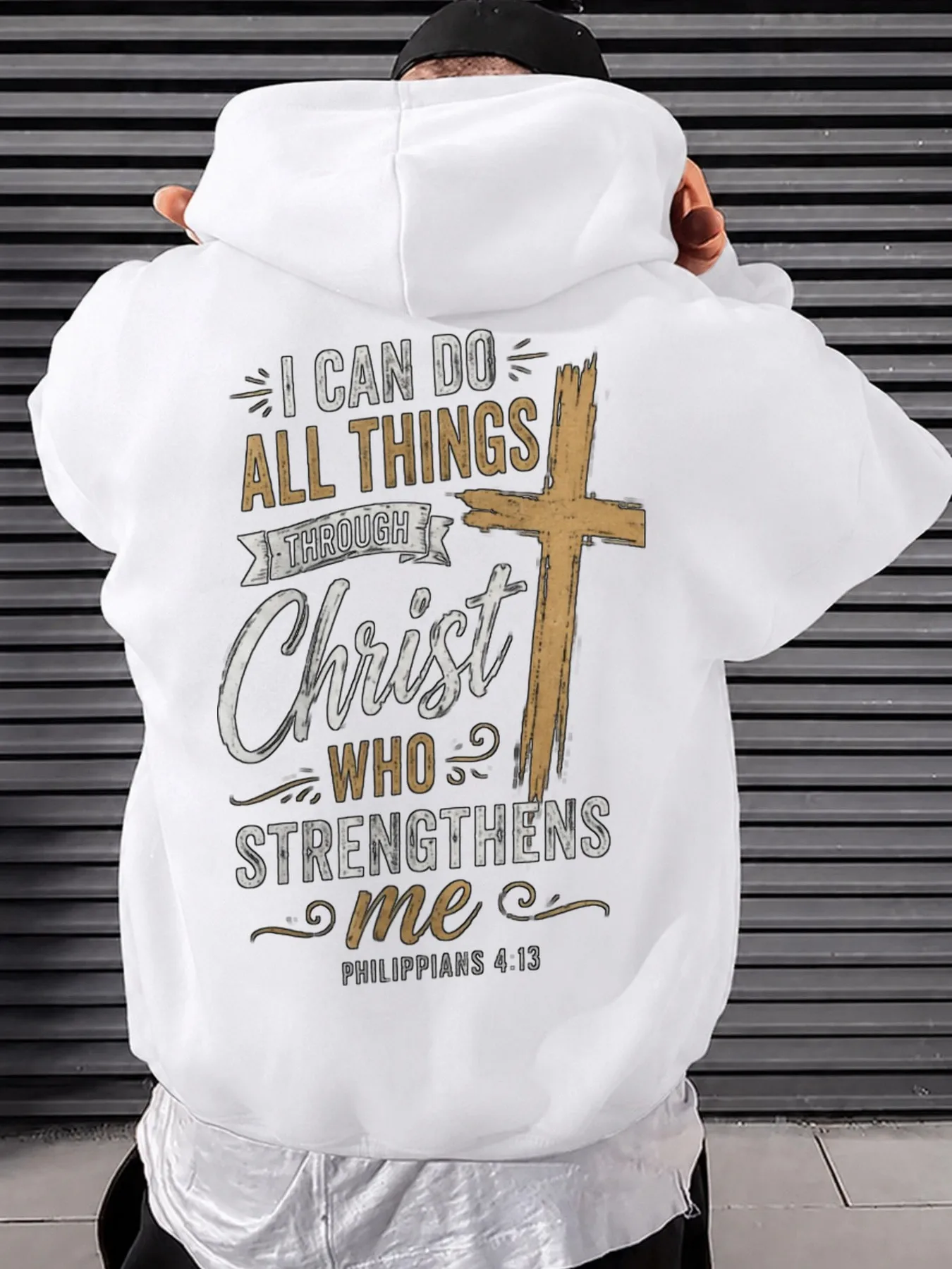 Faith Philippians 4:13 I Can Do All Things Through Christ Who Strengthens Me Print, Vintage Distressed Men'S Graphic Hoodie, Long Sleeve Hooded Style, Casual Daily And Weekend Wear