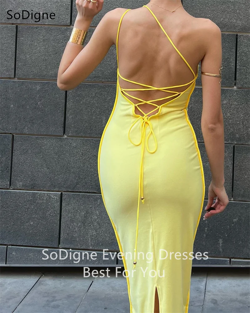 SoDigne Bright Yellow Prom Gowns Backless Sleeveless Cross tie straps Banquet Dresses Rear fork Evening Party Dresses Customized 4