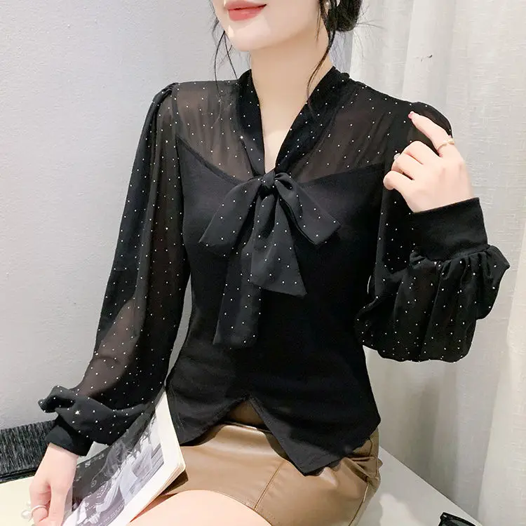 Bow Tie Tied Chiffon Shirt Women's Long Sleeved Rhinestone Hot Pressed Small Shirt Versatile Slimming Base Top