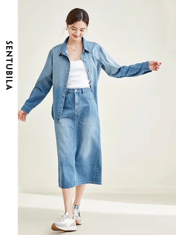 SENTUBILA Denim Skirt Two Piece Sets for Women 2024 Autuman Outfits New in Matching Sets Long Sleeve Denim Shirt Midi Skirt