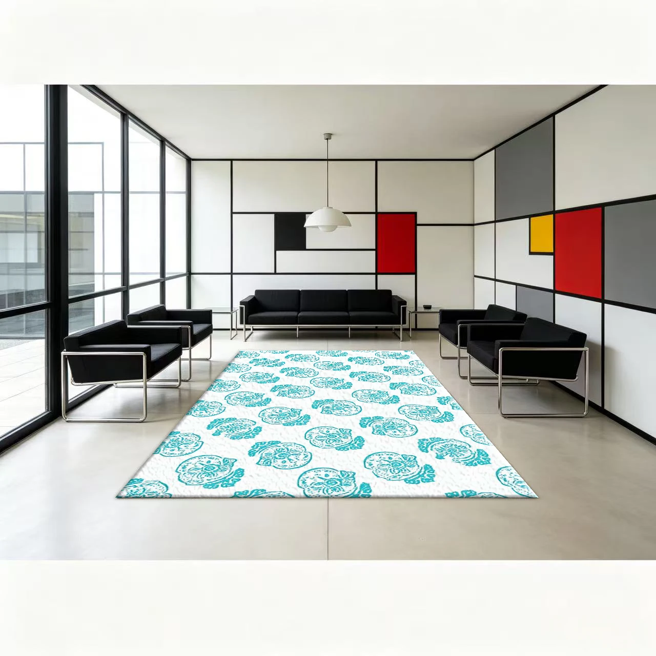 Turquoise Vintage Shell Floral Print Carpet, Coastal Style Area Rug, Non-Slip Floor Mat, Suitable for Indoor Home Decor