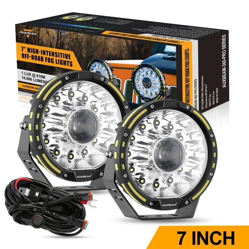 2Pcs 7 Inch LED Work Light 230W 6900K Driving Light with Harness 6900K Super Bright 16666LM Offroad Projector LED Lamp