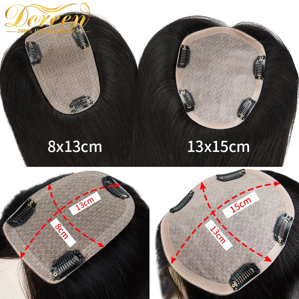 Doreen 6-16 inch Remy Human Hair Topper for Women PU Natural Scalp Skin Silk Base with clip Handmade Toupee Wig 8*13CM 13*15CM