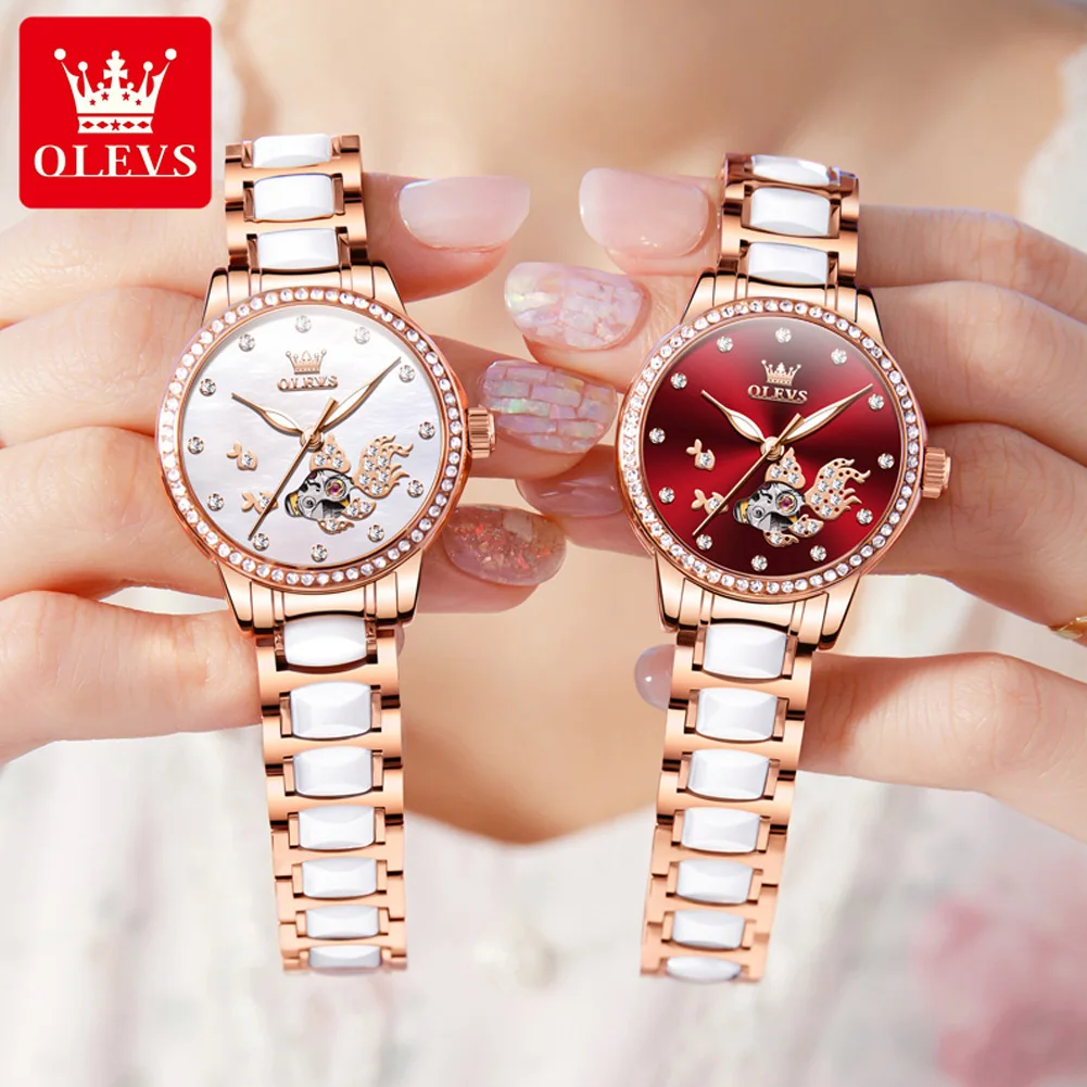 OLEVS Luxury Ladies Automatic Watch Red Diamond Dial Hollow Goldfish Ceramic Strap Waterproof Mechanical Wristwatch for Women