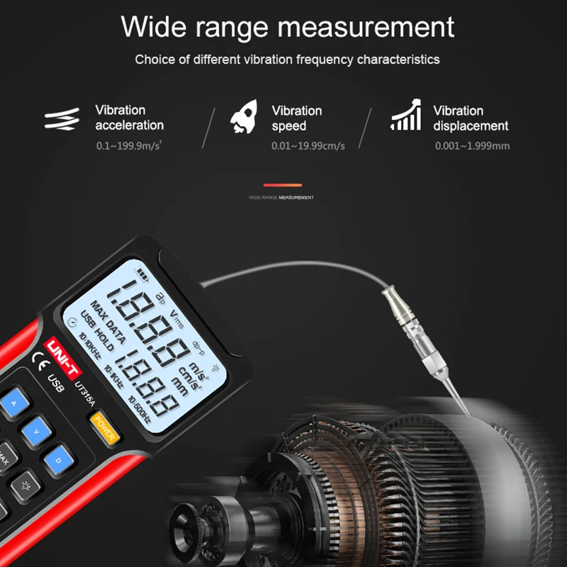 UNI-T UT315A Digital Vibration Testers Vibration Acceleration Velocity Displacement Measurement USB Connect PC Soft